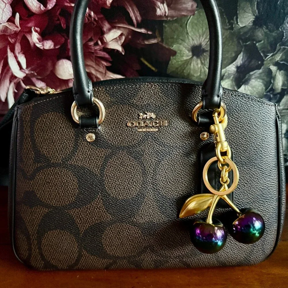 NEW Iridescent Rainbow Cherry Bag Charm & Lobster Clasp Keychain in Gold Tone